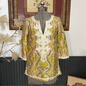 J. Crew Damask 100% Silk Fresco Tae Soutache Embroidered Tunic Top Sz 0 💚🎀